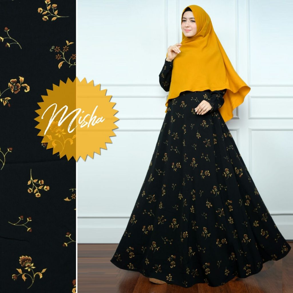baju gamis hitam kombinasi kuning jilbab saudia